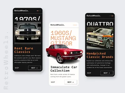 RetroWheels - Car Rental App animation app audi auto automobile automotive branding car cars classic design drive graphic design illustration mustang retro ui ux vehicle vintage