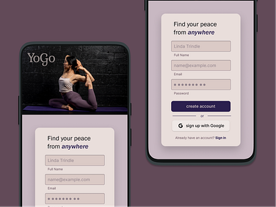 YoGo fitness app - Sign up modal app design logo ui