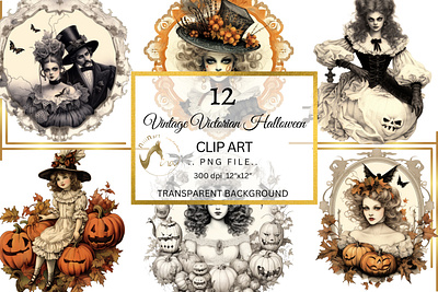 Vintage Halloween Girl Clipart Pumpkin Girl PNG, Victorian Style clip art image files