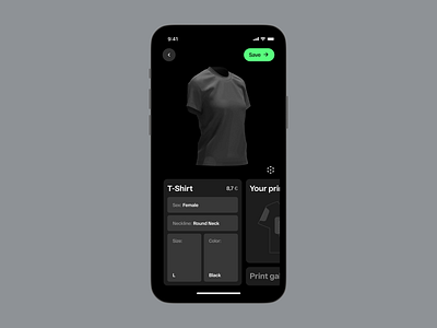 T-shirt printing app 3d black branding ios minimal ui ux