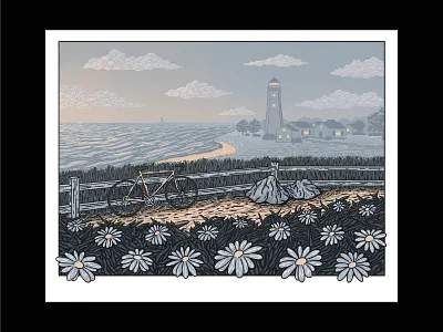 Postcard from Last Summer bike design drawing illustration landscape lighthouse sea sunset