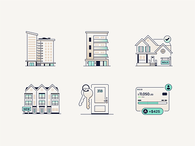 Brand Illustrations - Accrue apartment brand card coin condo credit door finance fintech gradient growth home house icon illustration keys money realtor startup townhome