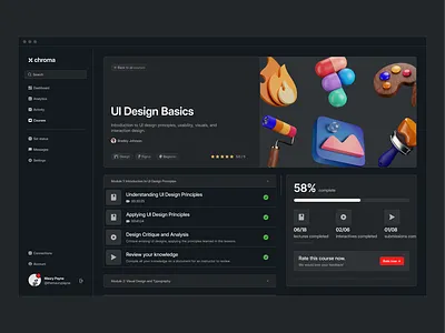 Chroma E-Learning Dashboard 3d app branding dark dark mode dash dashboard design graphic design hero illustration landing page logo mockup nav navigation typography ui ux vector