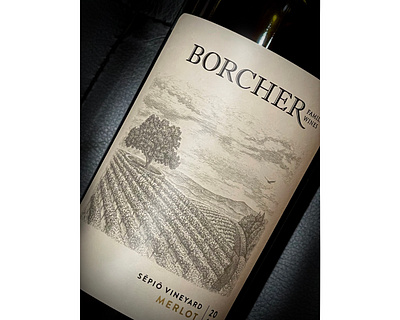 Borcher Family Wines Label Illustrated by Steven Noble artwork design engraving etching illustration label landscape line art logo scratchboard steven noble wine woodcut