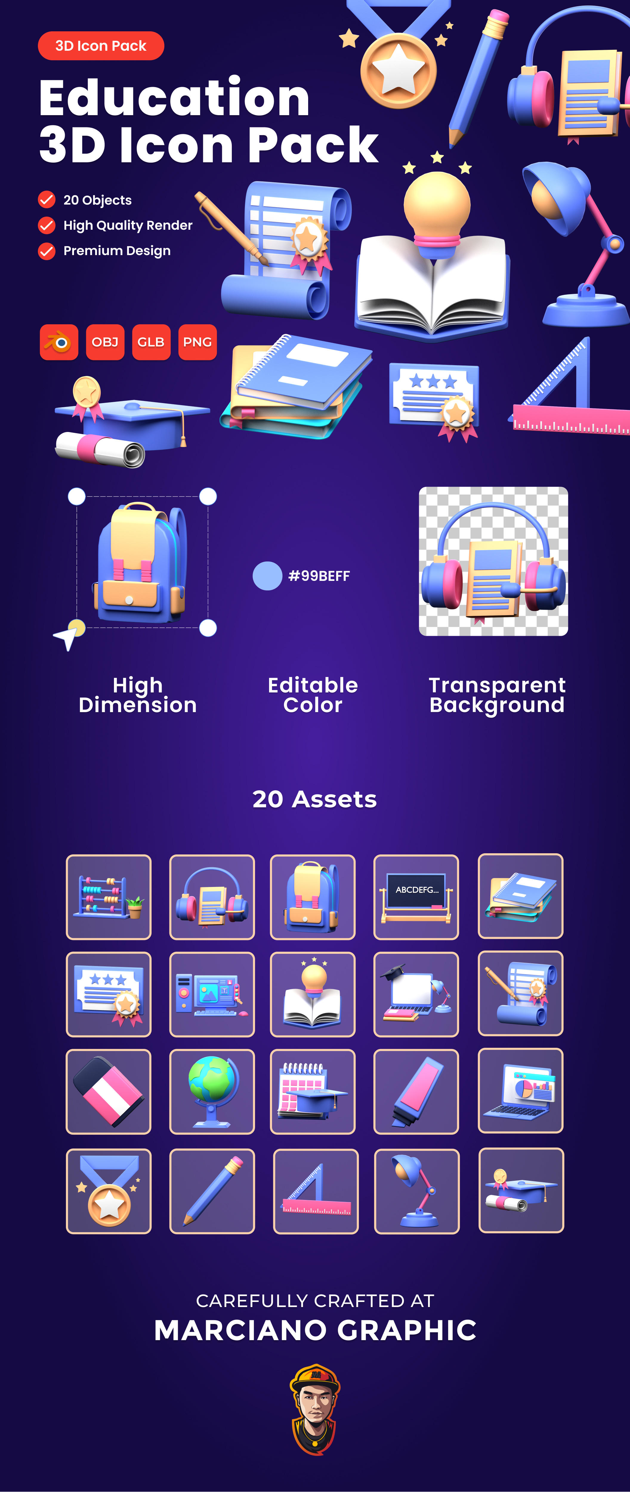 Education 3D Icon Pack 3d 3d icon 3d icon set 3d icons audio book book branding certificate degree design desk lamp education icon education icons graduation hat graphic design icon illustration medal ui
