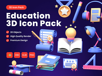 Education 3D Icon Pack 3d 3d icon 3d icon set 3d icons audio book book branding certificate degree design desk lamp education icon education icons graduation hat graphic design icon illustration medal ui