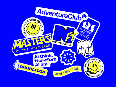 Adventure Club: Branding | Stickers adventure club ai blue branding deadlines design designagency digital emoji figma graphic design illustration logo nft sticker pack stickers typography visual wheel yellow
