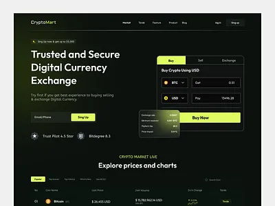 Crypto Currency Exchange Landing Page for - CryptoMart banking crypto crypto website cryptocurrency cryptocurrency exchange website dark design landing page landing page design nft nft website wallet website design