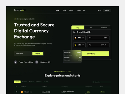Crypto Currency Exchange Landing Page for - CryptoMart banking crypto crypto website cryptocurrency cryptocurrency exchange website dark design landing page landing page design nft nft website wallet website design