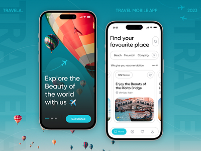 Travela - Travel Mobile App adventure app app design booking clean design destination flight mobile app mobile ui tourism travel travel agency travel app traveler traveling trip ui ux vacation