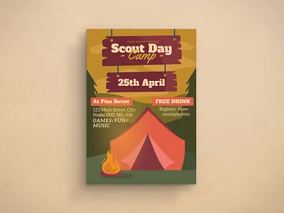 Scout Day Camp Flyer 2d animation branding design flat design flyer graphic design illustration logo mockup scout template ui