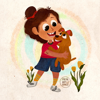 Girl illustration with dog dog girl girl and dog girl with dog girl with pet