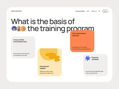The concept of a website page for English language courses branding bright design concept courses design english figma graphic design graphic elements minimalism person product promo site trend 2023 ui user user interface ux visual website