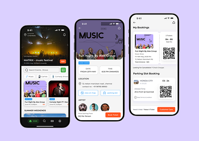 Event booking app - UI screens booking bookingevent eventbooking eventmobile eventregistration events figma game like moviebooking musicconcert purple tickets