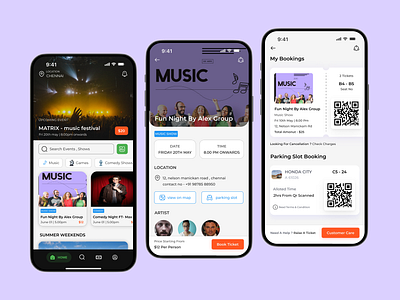 Event booking app - UI screens booking bookingevent eventbooking eventmobile eventregistration events figma game like moviebooking musicconcert purple tickets
