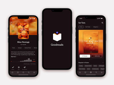 Goodreads App Re-design app design book app books branding dark dark design design goodreads graphic design illustration logo redesign review app typography ui user interface ux