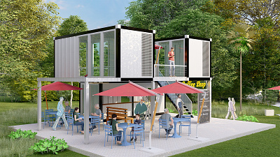 Shipping Container Coffee Shop animation archilovers architectural design architectural photography architecture architecturelovers coffee shop design container house design cost effective design design home decor home decoration interior design render shipping container simple architecture simplicity sustainable architecture sustainable coffee shop