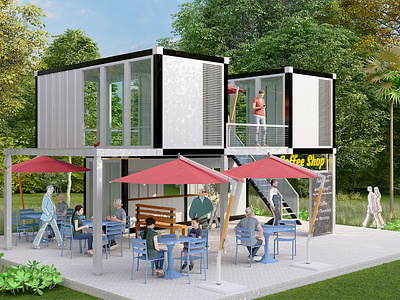 Shipping Container Coffee Shop animation archilovers architectural design architectural photography architecture architecturelovers coffee shop design container house design cost effective design design home decor home decoration interior design render shipping container simple architecture simplicity sustainable architecture sustainable coffee shop