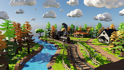 Isometric Train Scene 3D model 3d 3dmodel art blender clouds environment exterior flower forest game grass house isometric landscape logs lowpoly river rocks train tree