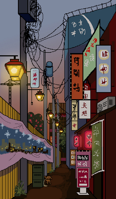 Asian street pixel art illustration landscape