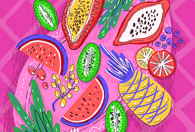 Fruit dessert. Food illustration. Still life food fruit illustration palm pineapple still life stylized watermelon