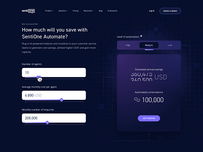 Chatbot ROI Calculator ai bot calculator cost dark gradient grid input interactions invesment landing money page purple roi scifi sketch slider tech web.