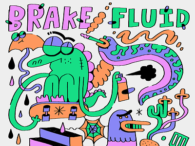 BRAKE FLUID art bird brake fluid cartoon character characters dino dinosaur pigeon skate skateboarding slug worm