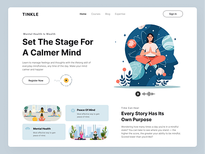 TINKLE || Meditational Course Website calm course design header hero landing page meditation mental mental health mindful mindfulness self care therapy ui uiux web web design website wellbeing yoga