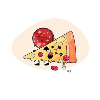 The slice of salami and the piece of pizza are the best friends art cartoon design digital graphic design illustration kawaii kawaii art maskot pizza salami vector vector art