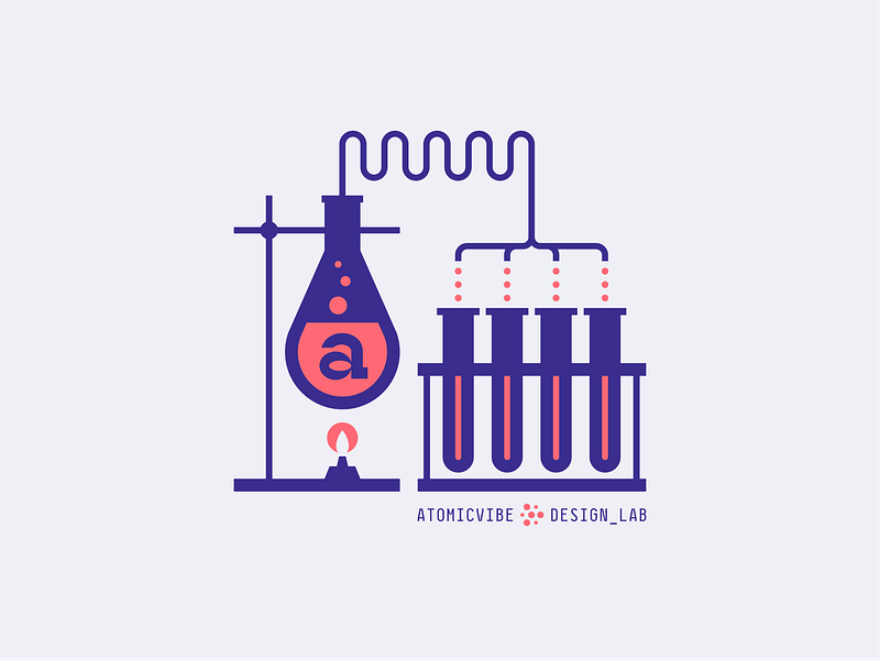 atomicvibe design lab update 003 a beaker blue branding bubbles burner chemistry dots fire flame flask gray lab lines navy red science test tube type typography