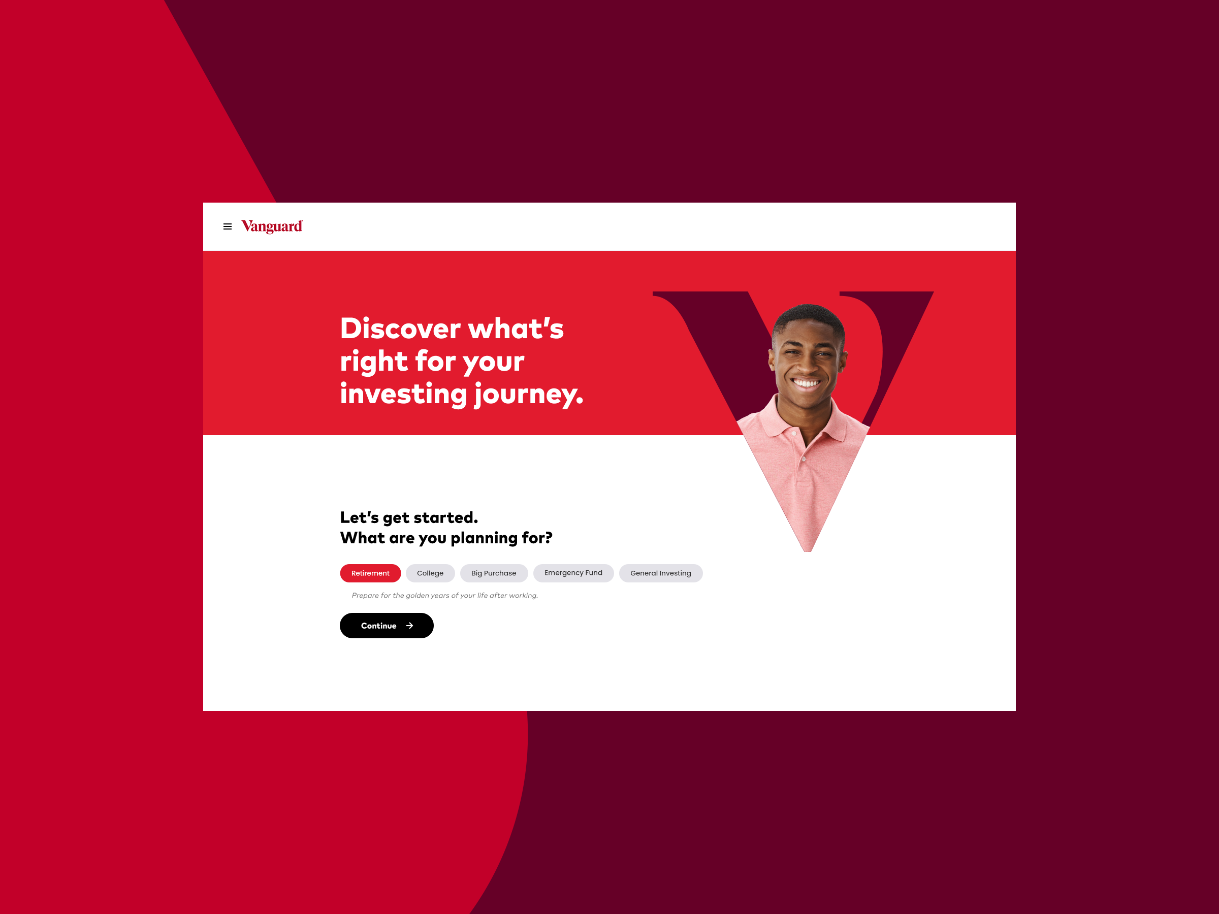 Vanguard - Investor Quick Start Tool 529 branding color palette dashboard financial fintech goal grid helper investment investor personal investor quiz retirement typography ui ux vanguard web design
