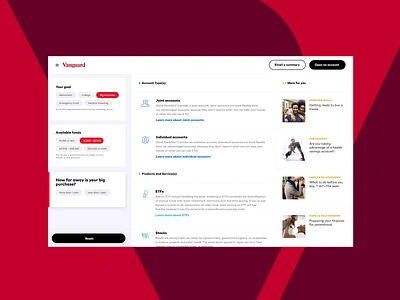 Vanguard - Investor Quick Start Tool 529 branding color palette dashboard financial fintech goal grid helper investment investor personal investor quiz retirement typography ui ux vanguard web design