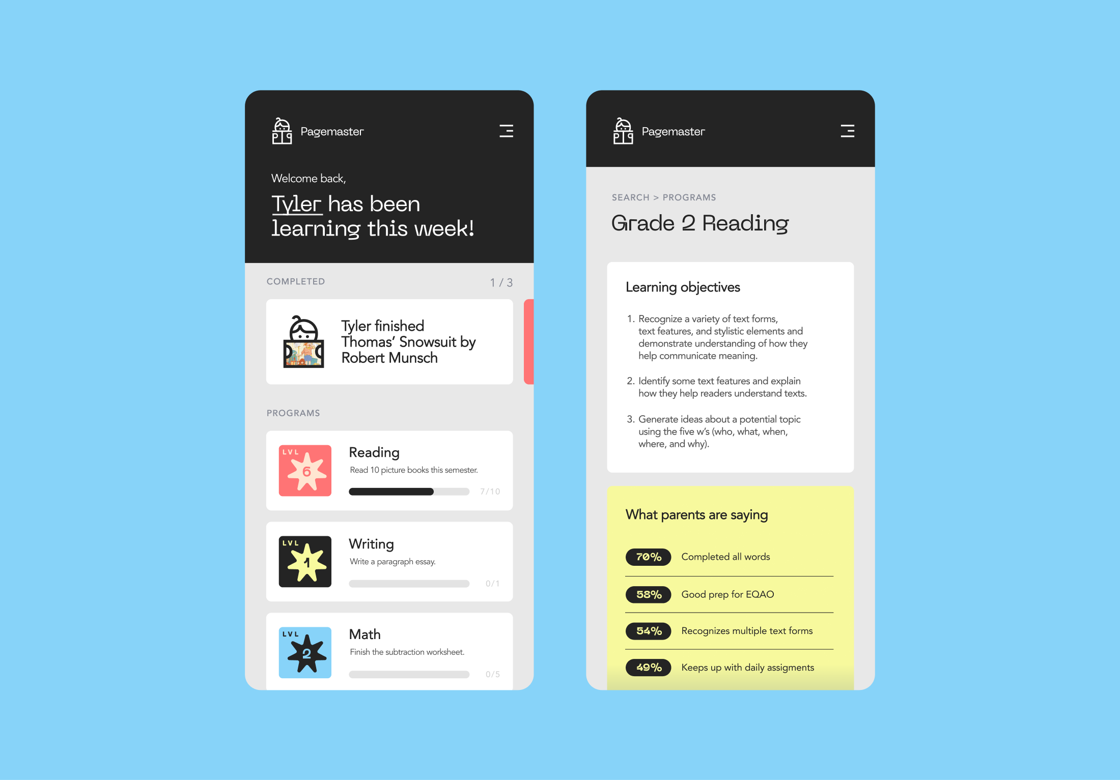 Pagemaster App app bold branding bright children clean flat home screen illustration layout learning logo modern progress bar reading school ui ux vector