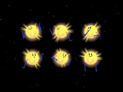 XWP Character Study - Disco Ball character character branding character design character study dancing disco ball emotions floating friendly glowing happy hellsjells mascot pointing round space sun surprised thinking thumbs up