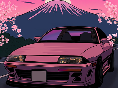 Sunset Outrun to Mount Fuji automotive art car art car illustration darksynthwave design digital art illustration japanese cars retrowave synthwave ukiyoe