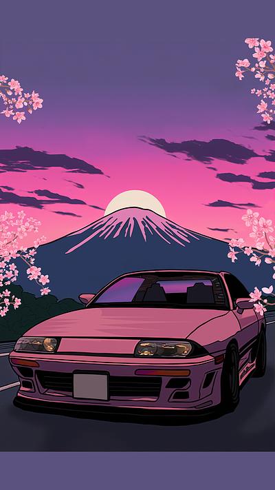 Sunset Outrun to Mount Fuji automotive art car art car illustration darksynthwave design digital art illustration japanese cars retrowave synthwave ukiyoe
