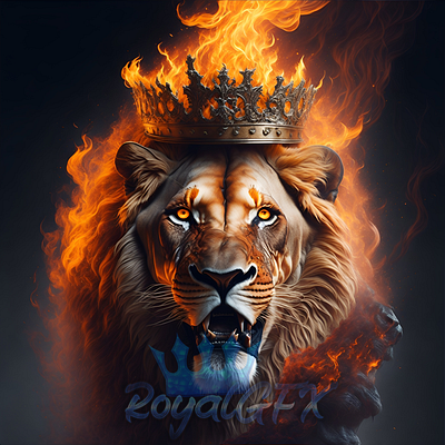 Royal and Fierce Lions Paintings crown fire flame illustration lions