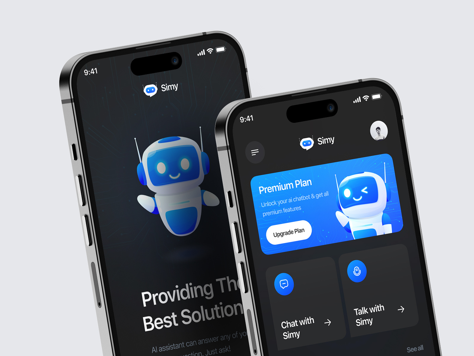 Simy - AI Chatbot App 🤖 3d ai ai app ai assistant app design artificial intellegence audio chat chat box chatbox ai chatbox app chatgpt dark mode gradient ios mobile mobile app prompt voice record wave