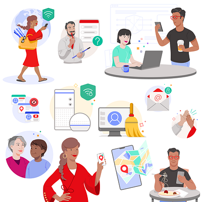 McAfee Product Illustrations character design devices employee flat illustration mcafee mobile office product illustration security teamwork vpn wifi