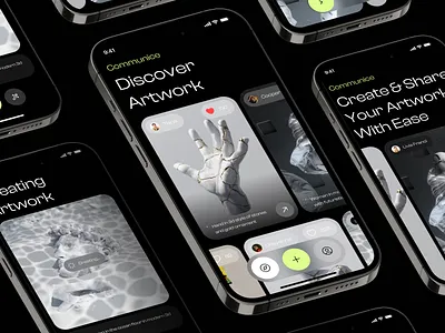 Communice - AI Art Social Media ai ai concept ai social media app design apps art artwork black darkmode futuristic generate ai generate art generate image green modern prompt share art share artwork shares social media