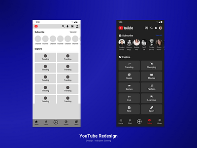 Redesigned YouTube Mobile App UI for Explore and Subscribe Scree graphic design logo ui