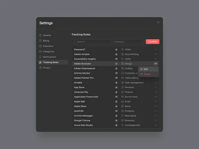 Time Tracking App Settings application billing categories clean dark design general icons manage privacy reports settings shedule simple team time tracking tracking rules ui ux webapp