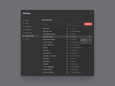 Time Tracking App Settings application billing categories clean dark design general icons manage privacy reports settings shedule simple team time tracking tracking rules ui ux webapp