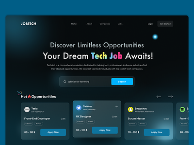Tech Job Finder Website apply company creative design designer desktop global job landing mockup platform recruit remote tech technology ui user interface ux visual website