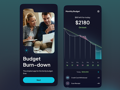 Budget burn-down mobile app analytics blue budget burn down chart dark theme dashboard expenses mobile mobile app tracker ui ux