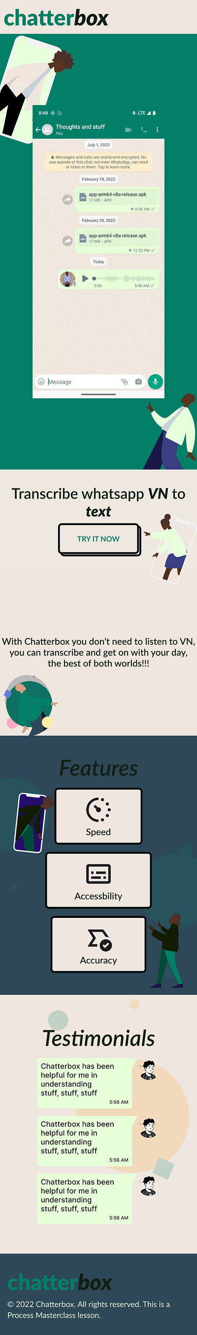 Chatterbox: Whatsapp VN to text ai landing page ui whatsapp