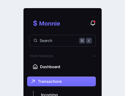 Monnie Sidebar dashboard finance home money payment sidebar ui ux