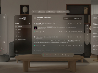 Spatial UI - online social monitoring app analysis apple ar augmented brand dashboard design glass marketing monitoring online reality social media spatial tool ui virtual vision visionos vr