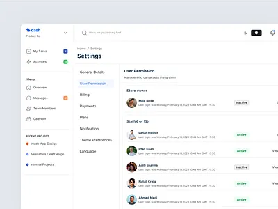 Settings page- Dash's Design System [User permission] branding dashboard mobile product setting page settings table ui uidesign userexperience userinterface ux web