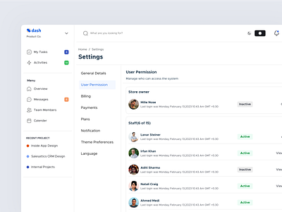 Settings page- Dash's Design System [User permission] branding dashboard mobile product setting page settings table ui uidesign userexperience userinterface ux web